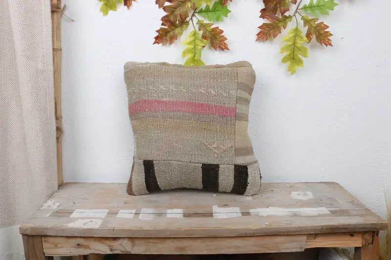 14x14 Beige Pillow Sham, Handwoven Pillow Cover Pillow Sham, Home Decor Pillow, Cushion Cover, Gift Pillow, Kilim Pillow, Christmas Cushion - 1