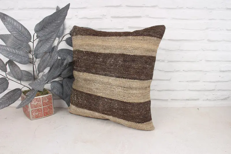 Outdoor Bolster Cushion, Cushion Case, Vintage Kilim Pillow, Vintage Kilim Throw Pillow, Turkish Pillow, Muted Pillow Case, 18x18 Brown Cushion Case - 4