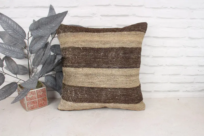 Outdoor Bolster Cushion, Cushion Case, Vintage Kilim Pillow, Vintage Kilim Throw Pillow, Turkish Pillow, Muted Pillow Case, 18x18 Brown Cushion Case - 1