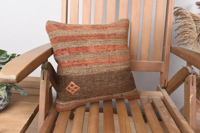 14x14 inch Throw Antique Cushion Case, Striped WovenOrange Bohemian Pillow - 1