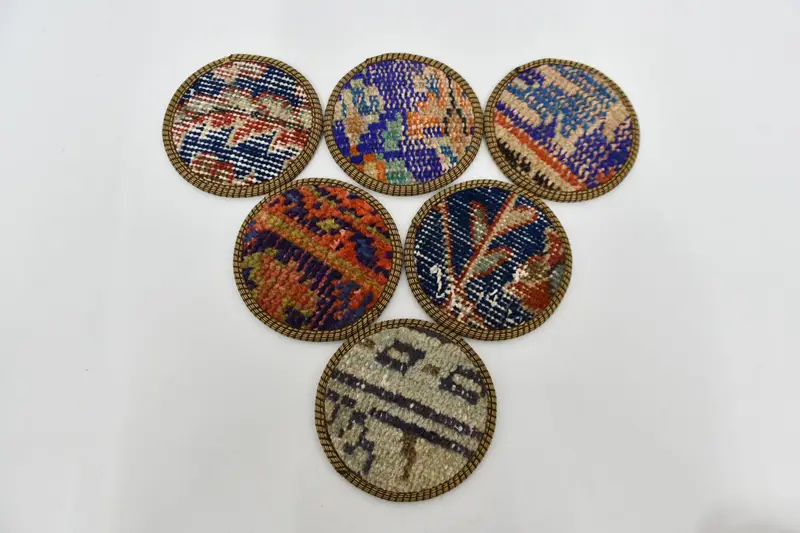 Posavasos Kilim azules y rojos, posavasos de alfombras turcas tejidas
