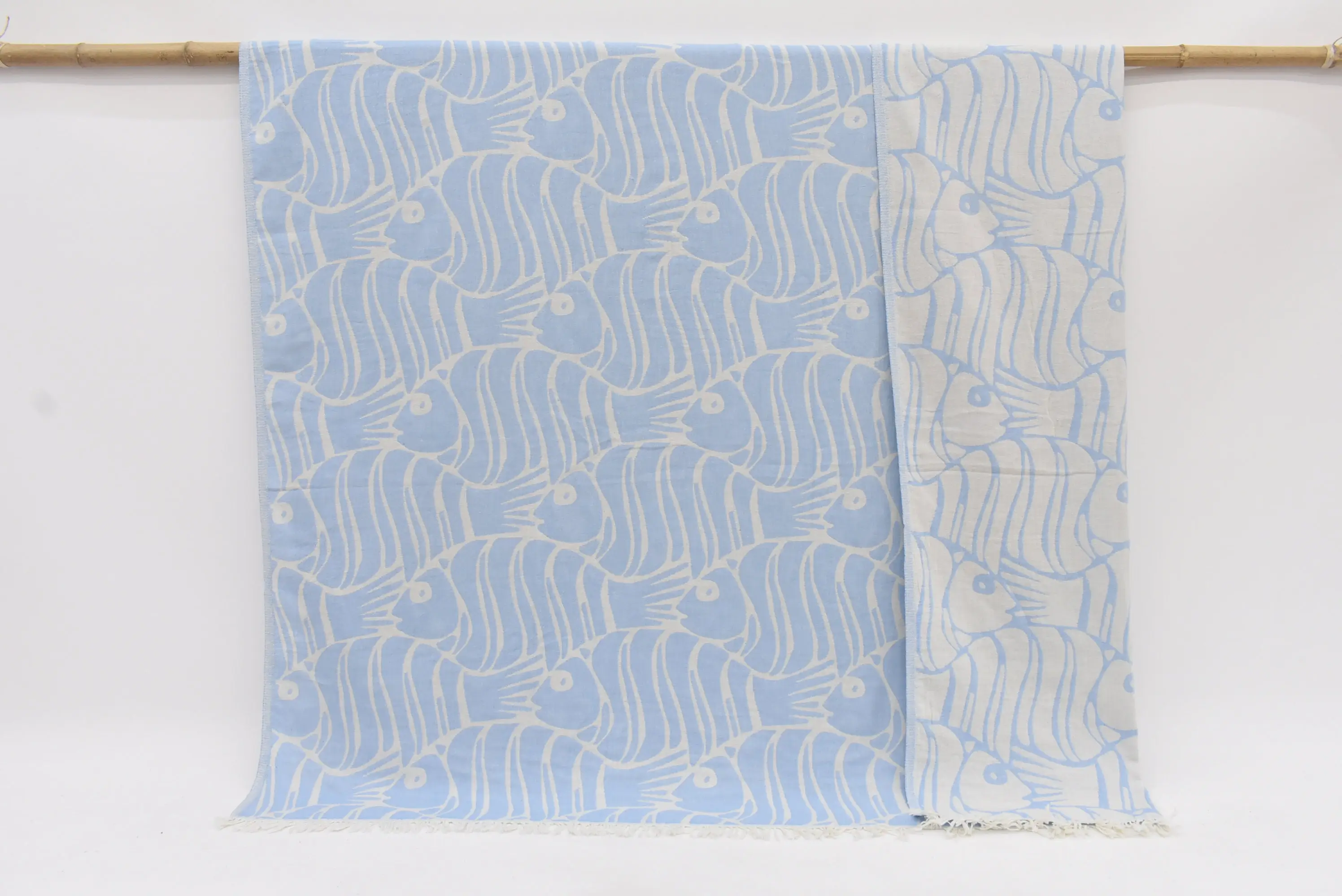 Dark Baby Blue Fish Design Throw, 70x60 Inches, Organic Cotton - 1