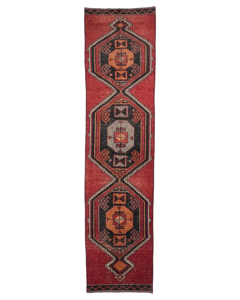 3,1 x 13 ft türkischer Vintage-Teppich, Läuferteppich, rot-schwarzer orientalischer Wollteppich - 1