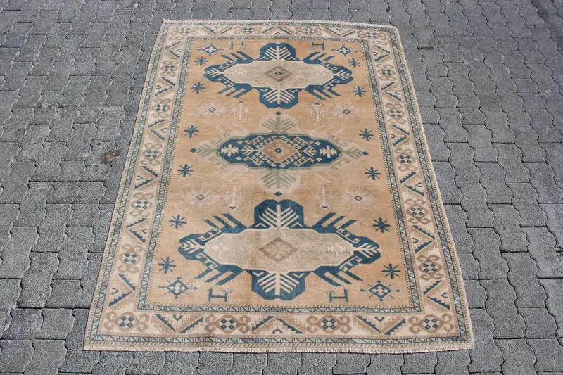 Vintage Turkish Oushak Rug 4.2x5.6 ft, Blue Accent Southwestern Wool Rug - 1