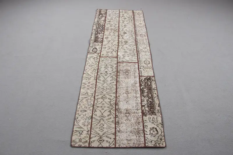2.2x6.8 ft Halı, Türk Vintage Halısı, Oushak Kahverengi Soyut Halı - 1