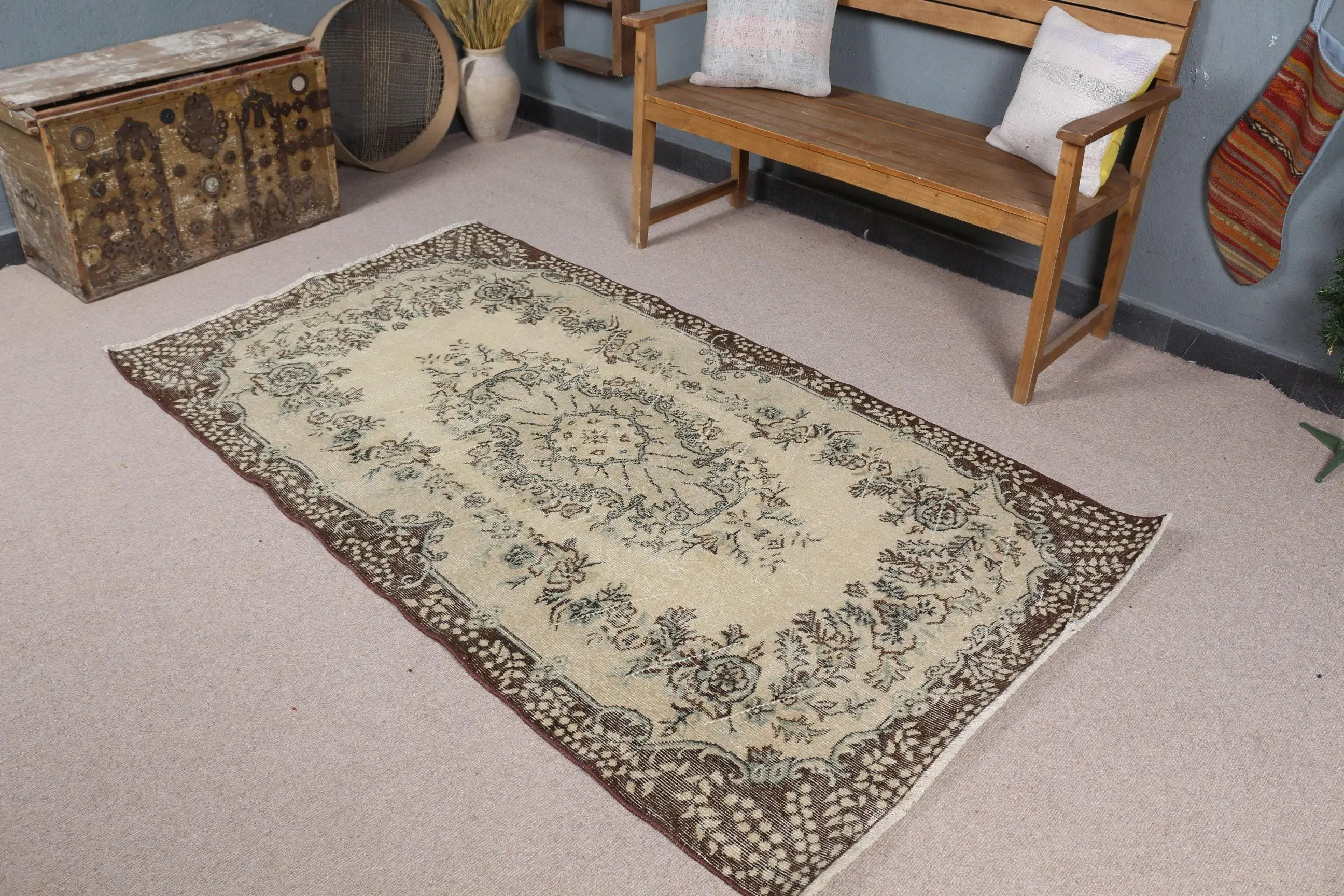 Vintage Turkish Rug 3.7x6.8 ft (114x207 cm), Brown Patchwork Rug - 1