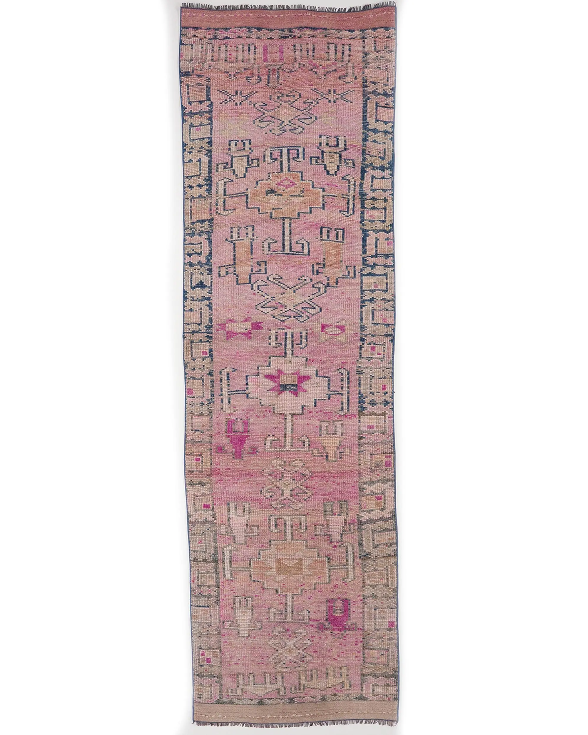 Türkischer Herki-Läuferteppich, 93 x 315 cm, Vintage-Wollteppich mit rosa Blumenmuster - 1