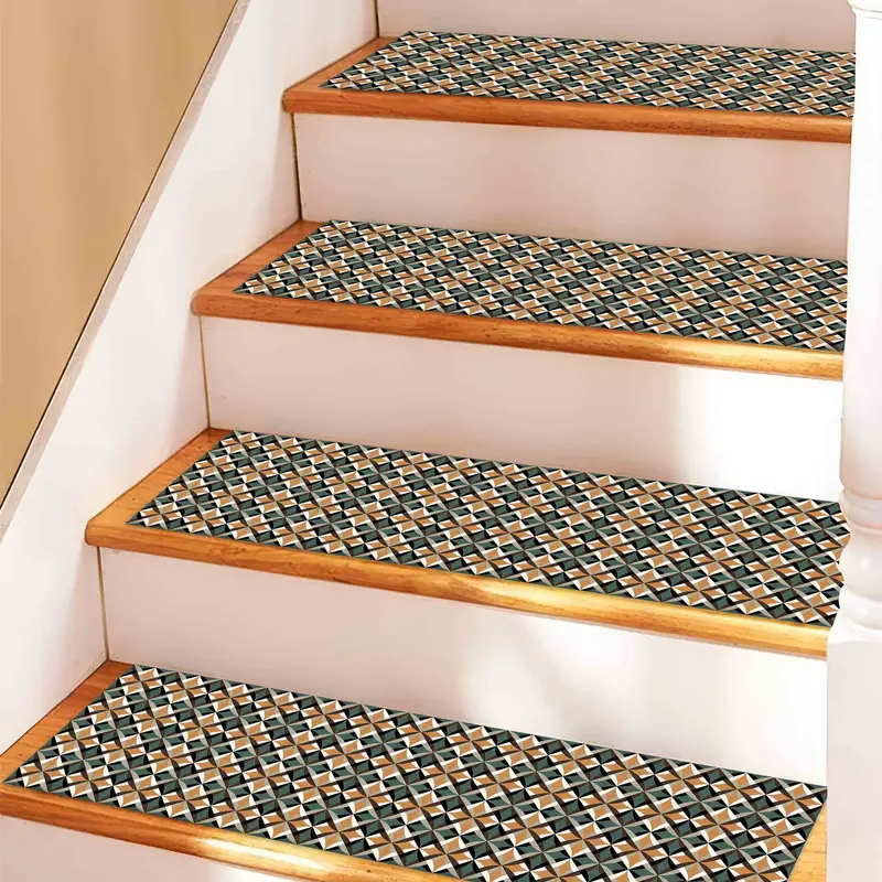 Green Geometric Printed Rug: Modern Stair Rug with Ethnic Pattern