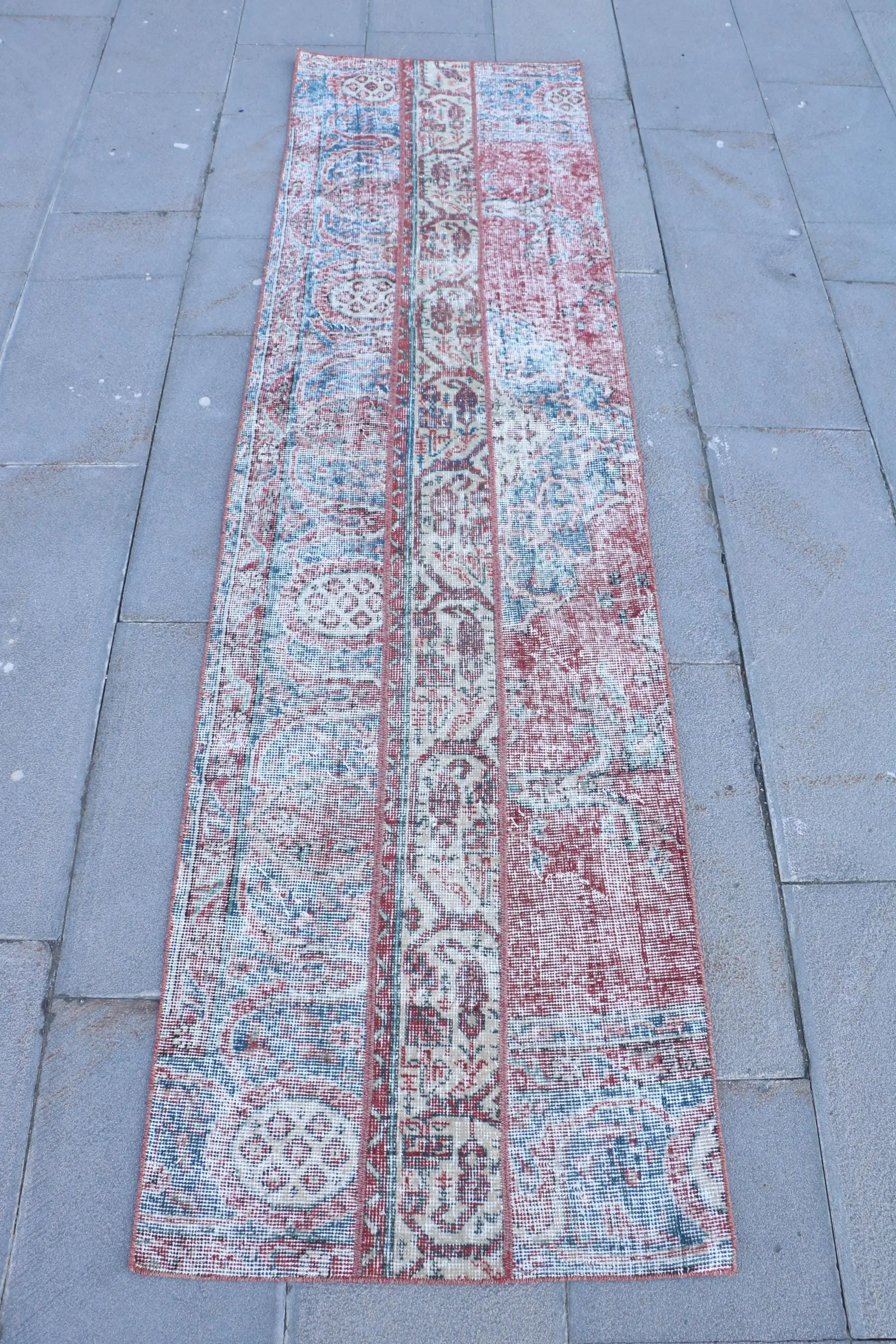 Turkish Vintage Rug, 2.2x7.9 ft Runner Rug, Red Blue Oriental Wool Rug - 1