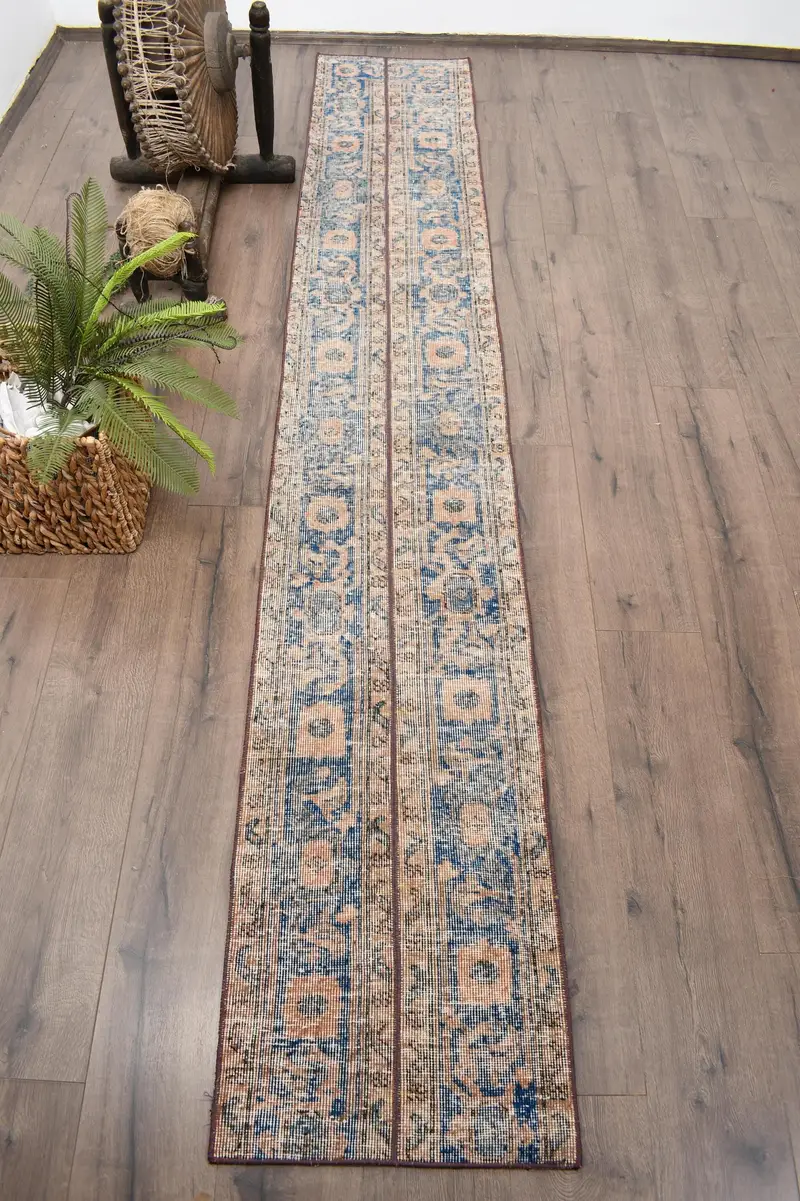 Vintage Turkish Runner Rug 1.6x9.7 ft, Blue Brown Floral Rug - 1