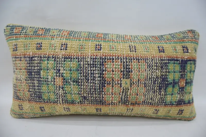 Blue & Beige Embroidered Throw Pillow, 12x24 Inches Size Pillow - 1