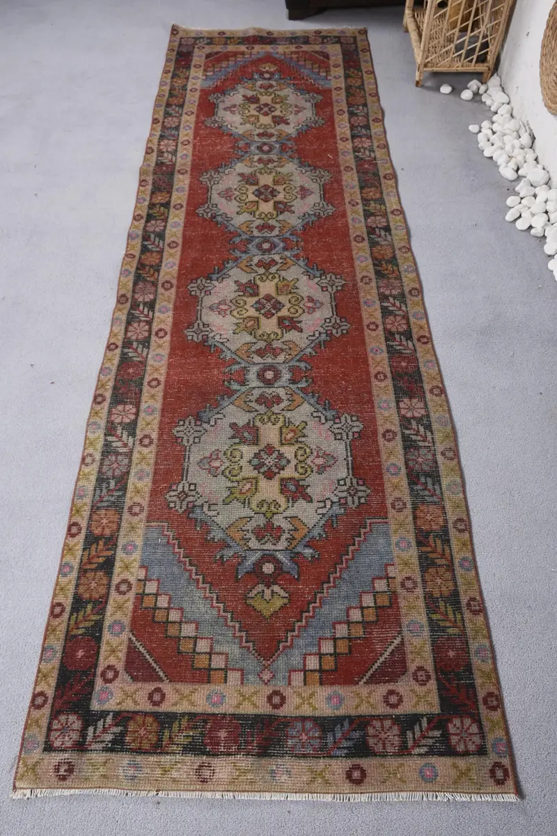 Red Camouflage Rug, 2.8x9.6 ft with Blue Accents