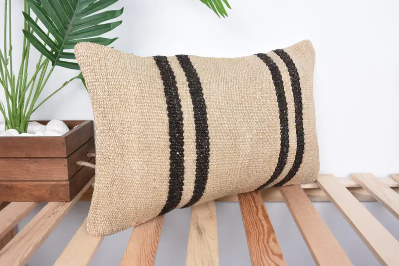 Antique Pillows, Art Deco Cushion Cover, 12x20 Beige Cushion Case, Pillow Cover, Gift Pillow, Farmhouse Cushion Cover, Handmade Kilim Cushion - 4