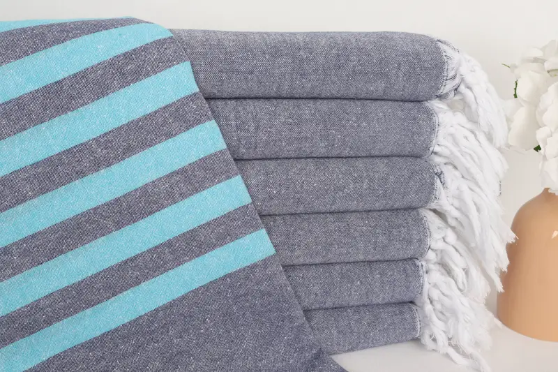 Striped Towel Turquoise-Navy Cotton, Personalized Bridesmaid Gift, 36x71 Inches