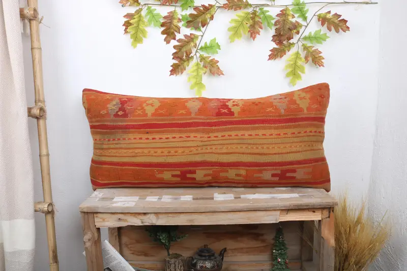 Turkish Pillow, 16x36 Red Pillow, Pillow Cover, Handmade Kilim Cushion, Handmade Cushion Cover, Pillow for Sofa, Oriental Pillow Sham - 1
