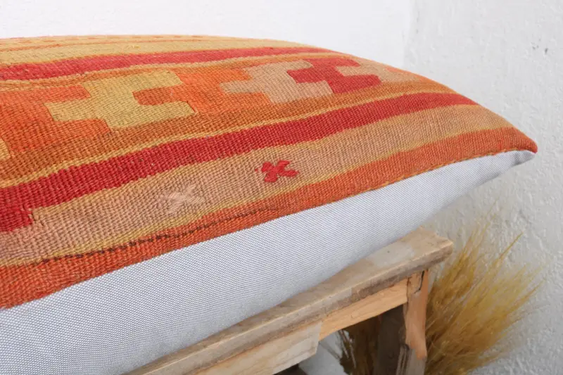 Turkish Pillow, 16x36 Red Pillow, Pillow Cover, Handmade Kilim Cushion, Handmade Cushion Cover, Pillow for Sofa, Oriental Pillow Sham - 6