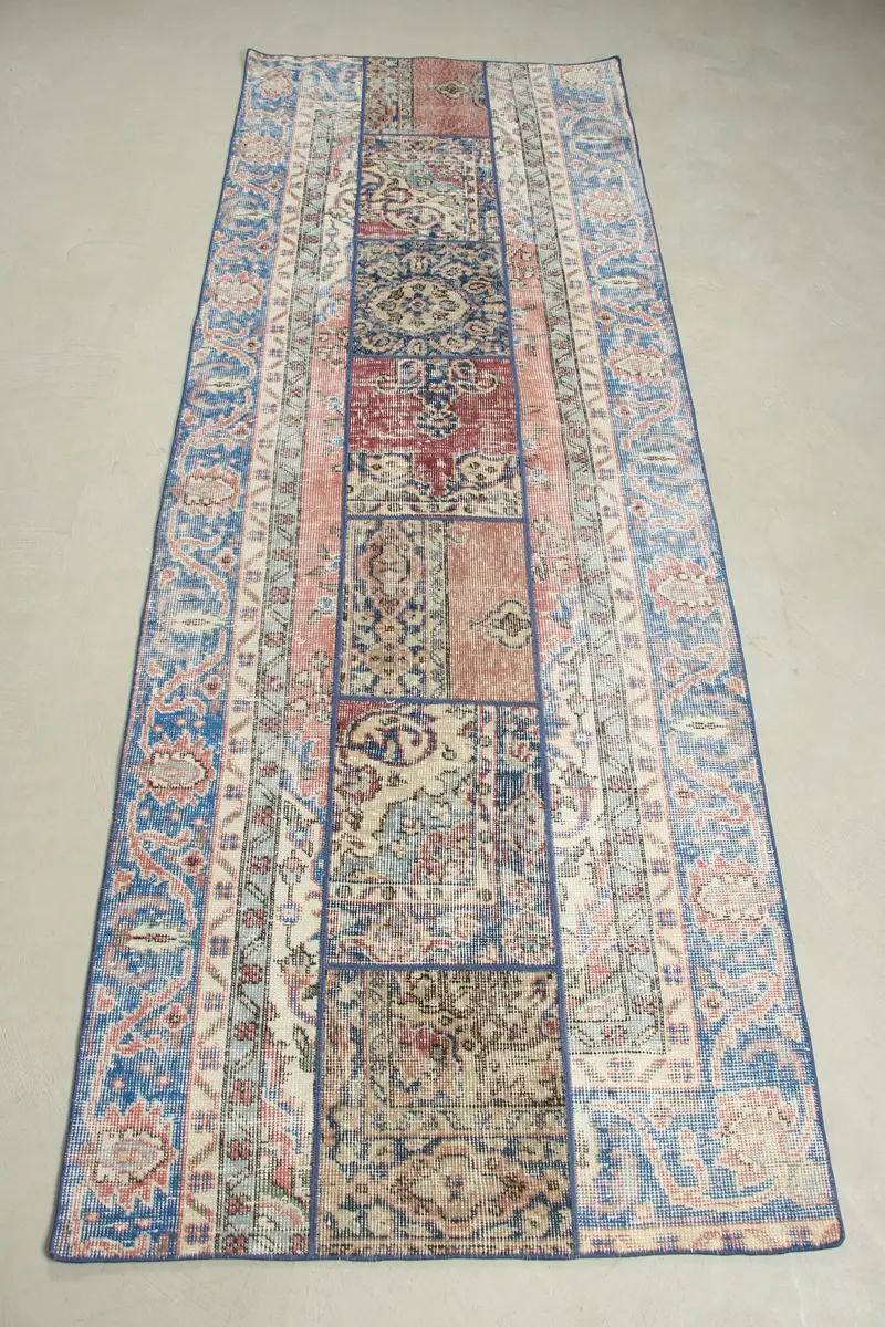 Alfombra azul y roja, diseño botánico de 3x8,2 pies