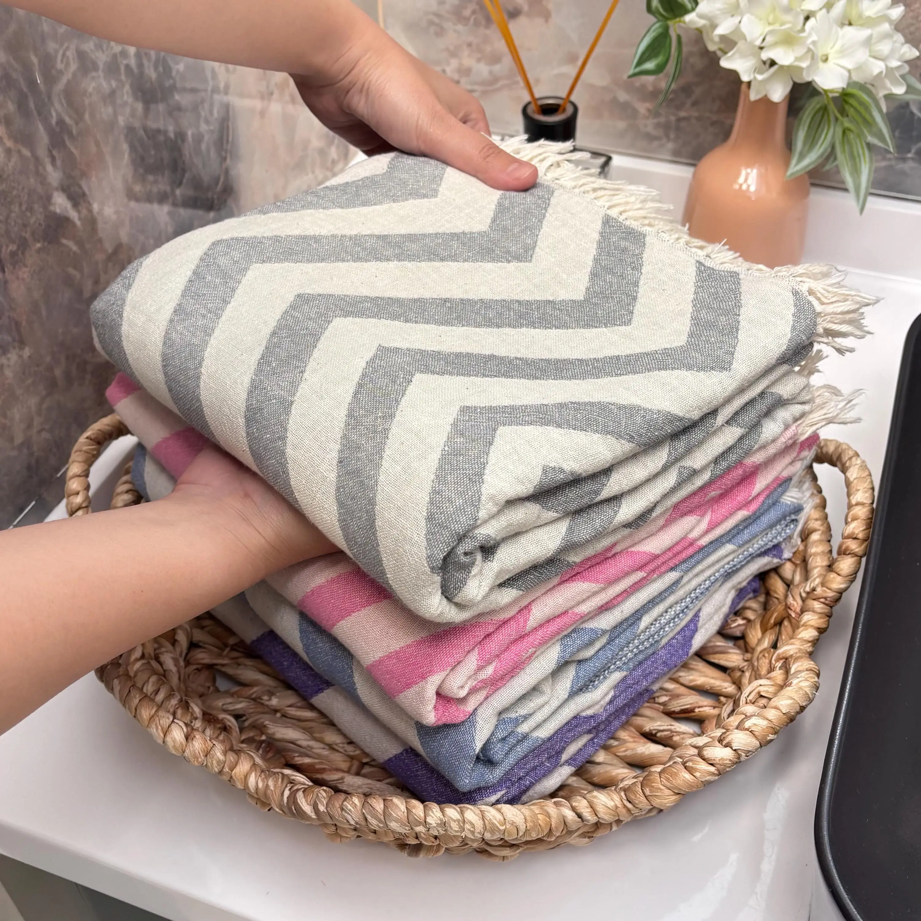 Handwoven Turkish Towel Set, 100% Natural Cotton, 100x160cm - 1