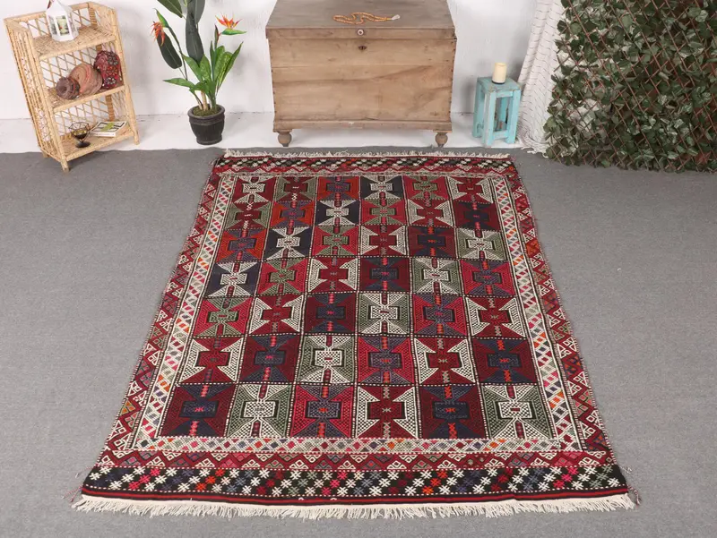 Vibrant Rainbow Rug, 5,6x7,4 ft Striped Geometric Design