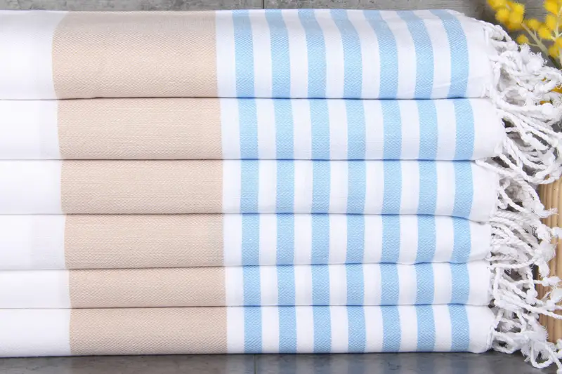 Custom Turkish Towel Personalized Beige-Light Blue Stripes, 40x71 Inches