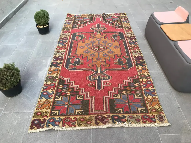 Alfombra vintage de 4,2x9 pies, alfombra turca de área, alfombra roja del suroeste - 1