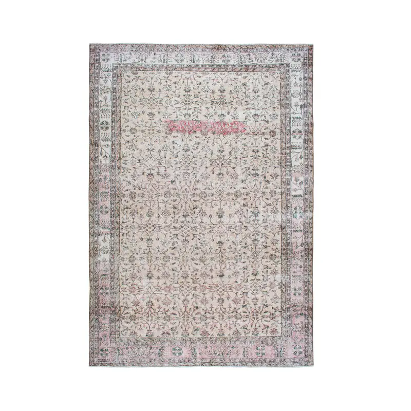 Vintage Turkish Rug, 6.9x10.1 ft Oushak Rug, Gray Bordered Wool Rug - 1
