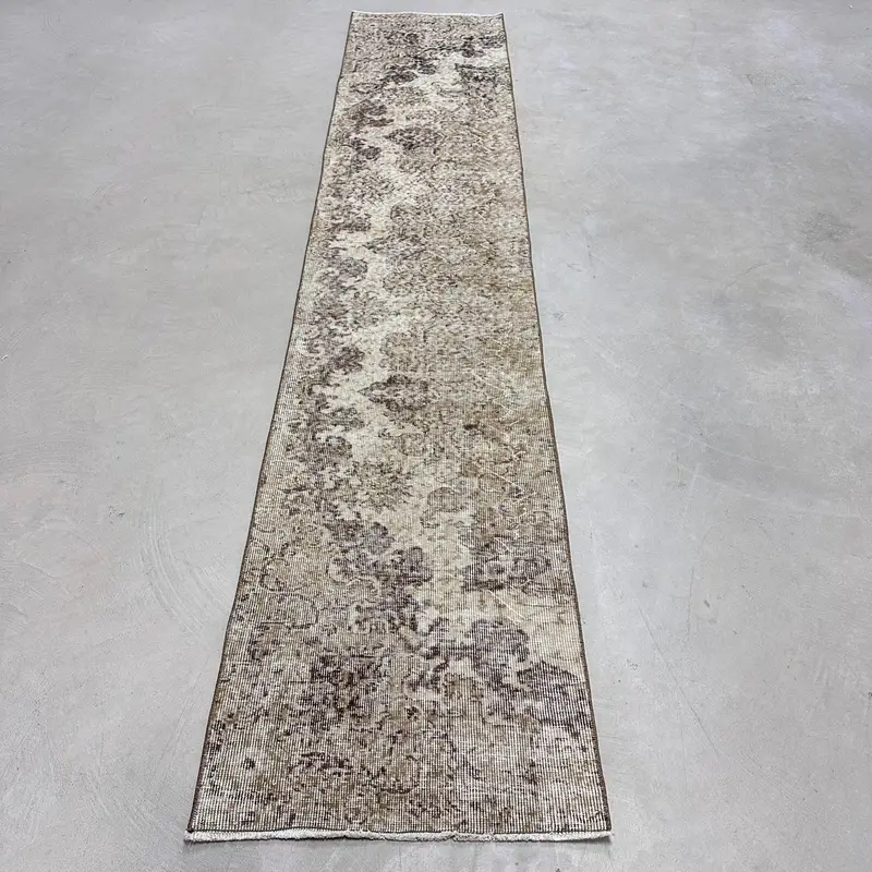 Vintage Rug, 2.1x10.7 ft Runner Turkish Rug, Oushak Gray Brown Southwestern Rug - 1