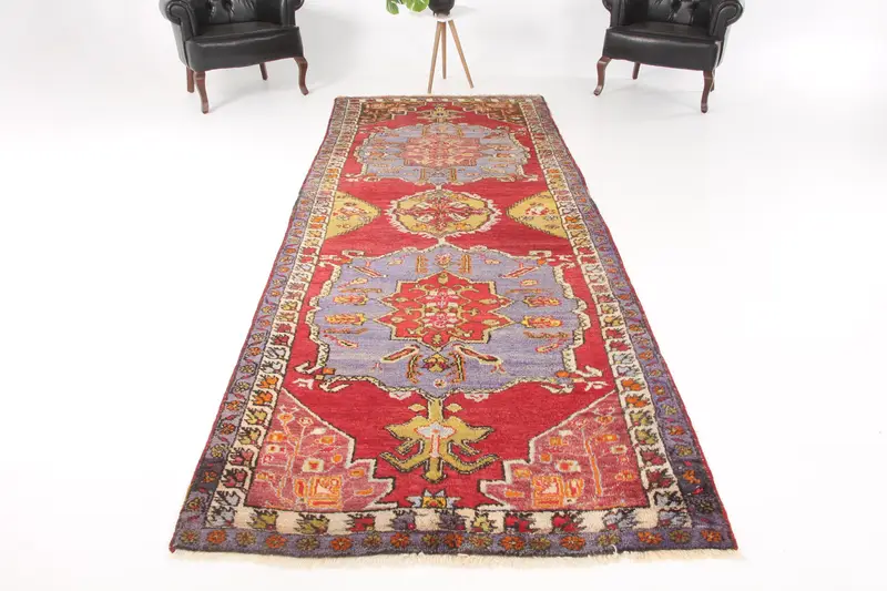 Vintage Turkish Oushak Rug 4.2x12.7 ft, Red Runner Floral Wool Rug - 1