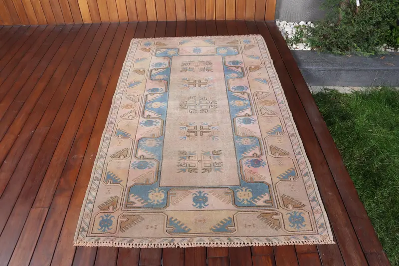 Türk Vurgulu Halı, 3.7x6.4 ft Vintage Halı, Mavi Oushak Yün Halı - 1