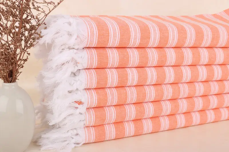 Kişiye Özel Plaj Havlusu Özel Türk Pamuğu Turuncu Çizgili, 40x71 İnç