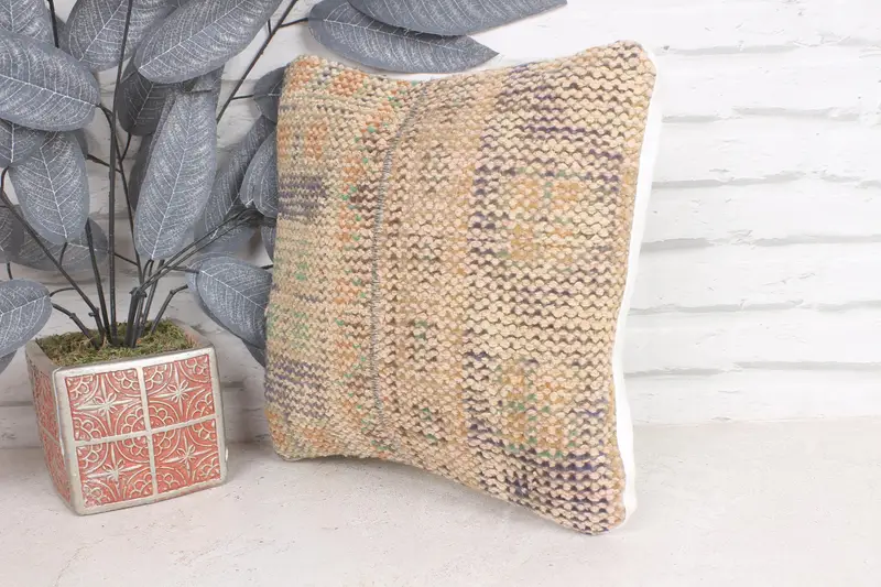 Turkish Pillow, Cushion, Antique Pillows, Boho Pillow Sham Cover, Authentic Pillow Case, Bright Pillow Sham, 12x12 Beige Cushion Cover - 3