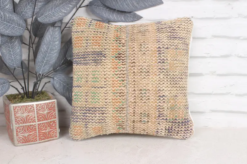 Turkish Pillow, Cushion, Antique Pillows, Boho Pillow Sham Cover, Authentic Pillow Case, Bright Pillow Sham, 12x12 Beige Cushion Cover - 1