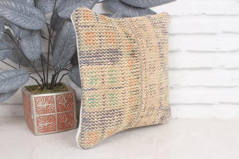 Turkish Pillow, Cushion, Antique Pillows, Boho Pillow Sham Cover, Authentic Pillow Case, Bright Pillow Sham, 12x12 Beige Cushion Cover - 4