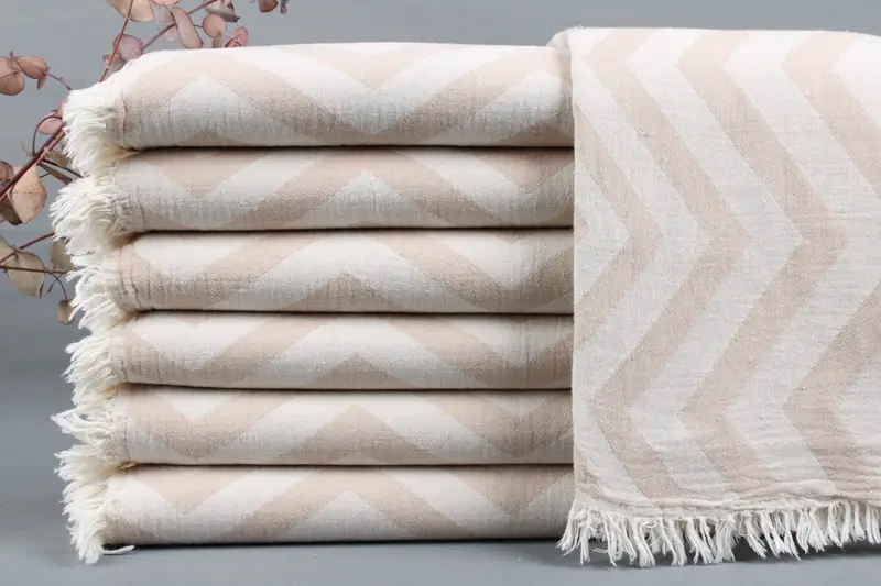 Organic Beach Towel Beige Zigzag, 34x71 Inches, Handmade Turkish Cotton