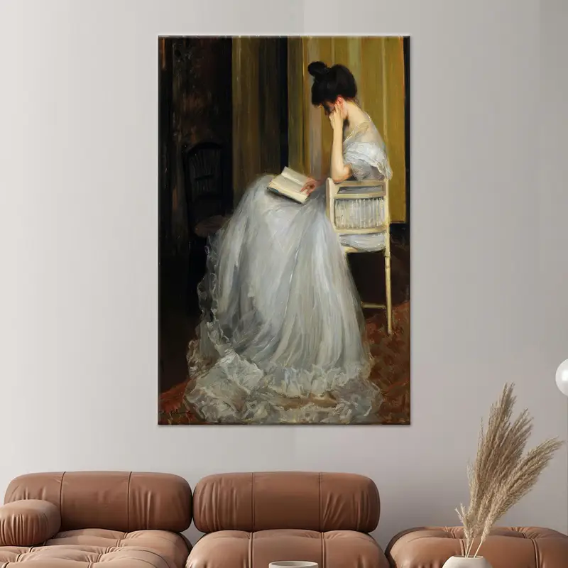 Kitap Okuyan Vintage Kadın Kanvas Tablo, Zarif Duvar Tablosu
