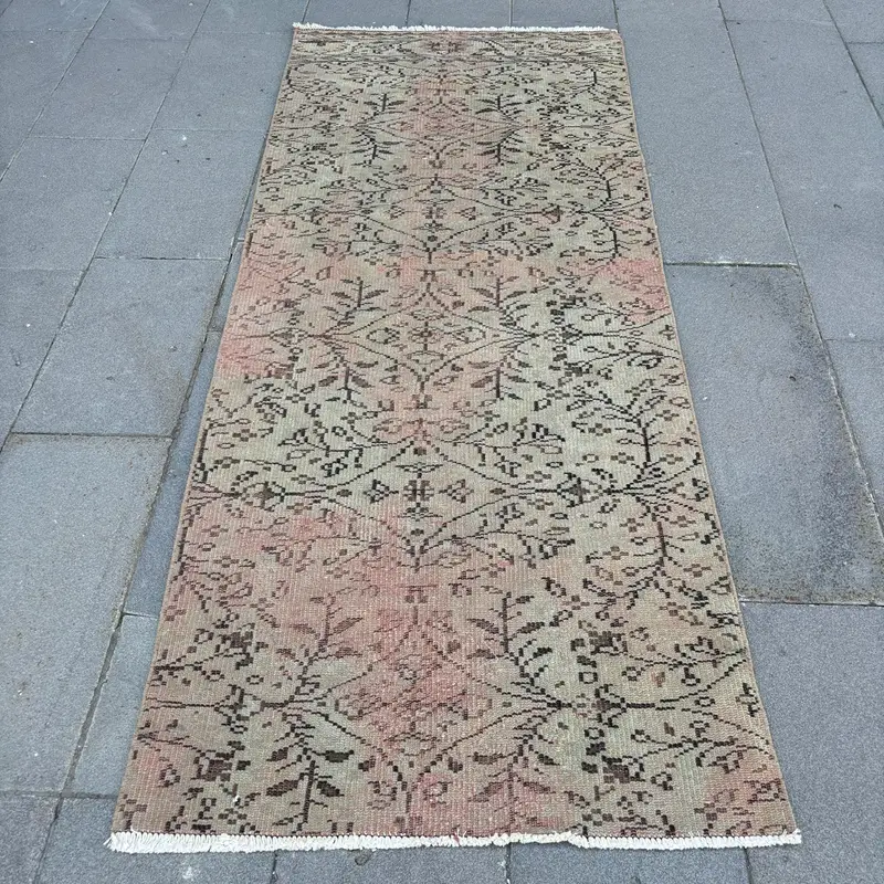 Turkish Vintage Rug, Accent 2.9x7.1 ft (89x217 cm) Rug, Brown Bordered Wool Rug - 1