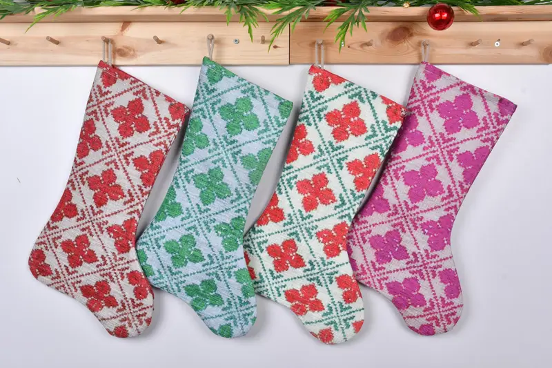 Festive Green & Pink Christmas Stocking, 12-Inch Ornamental Stocking