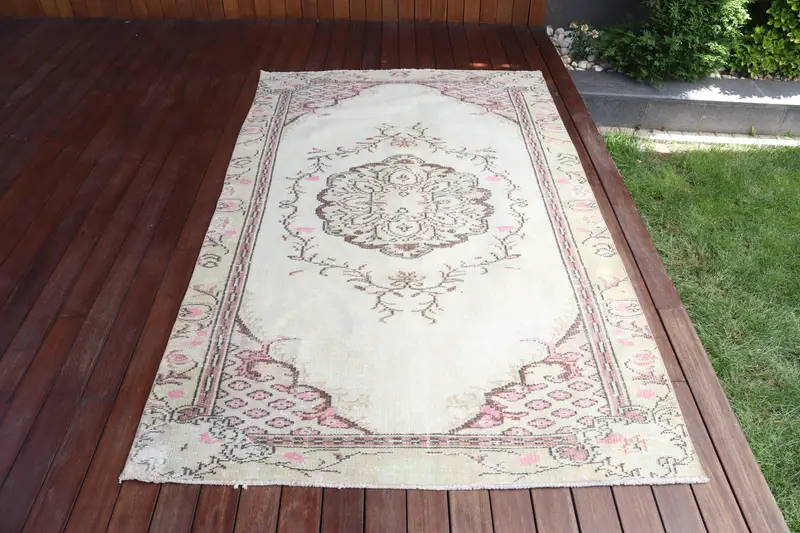 Türk Vintage Oushak Halı 4.4x7.4 ft, Kahverengi Alan Patchwork Yün Halı - 1