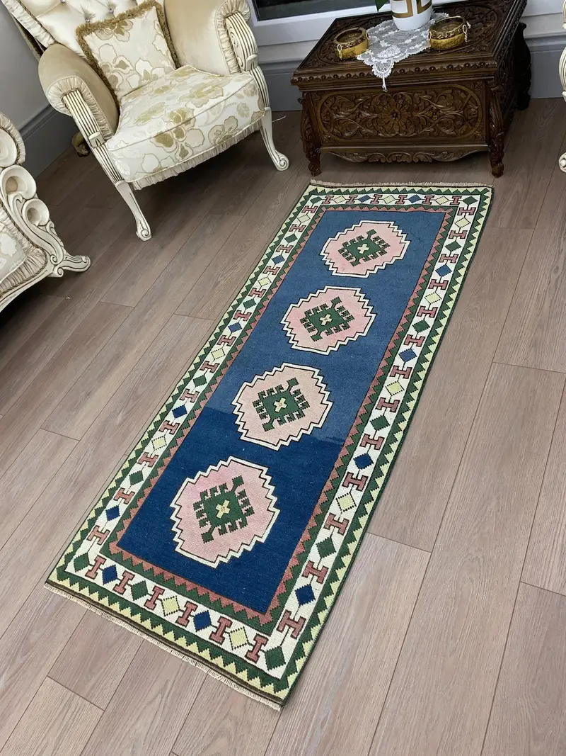 2.6x6.1 ft Türk Vintage Halı, Accent Halı, Mavi Oushak Puantiyeli Halı - 1