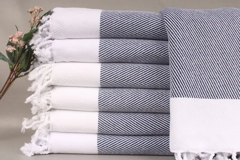 Turkish Towel Beach Navy Striped Beige, 40x71 Inches