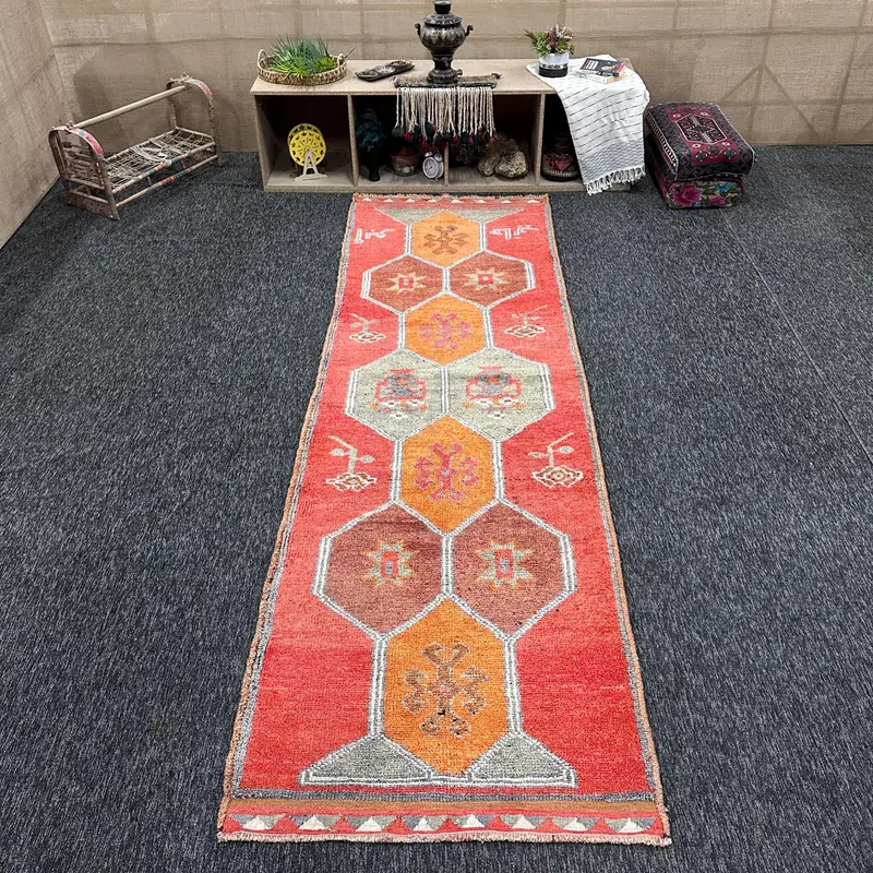 3.37x11.5 ft Vintage Herki Rug, Red Camouflage Turkish Wool Rug - 1
