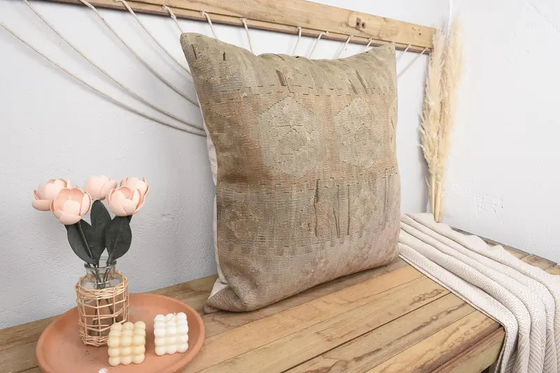 Vintage Pillow, 28x28 Beige Cushion Cover, Pastel Cushion, Aztec Cushion, Gift Pillow, Cushion Case, Turkish Kilim Pillow - 1