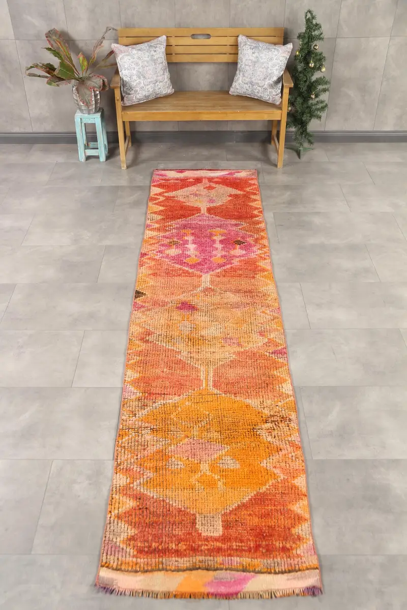 Vintage 2.5x10.5 ft Rug, Runner Turkish Rug, Orange Pink Paisley Wool Rug - 1