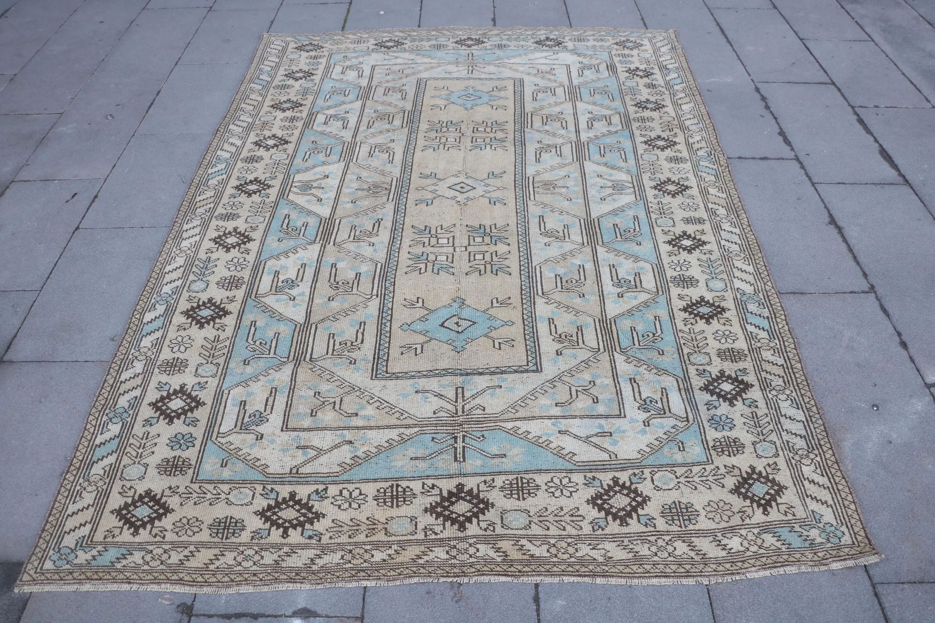 Teppich, 5,1x7,5 ft Vintage Teppich, blau gestreifte Teppichwolle - 1