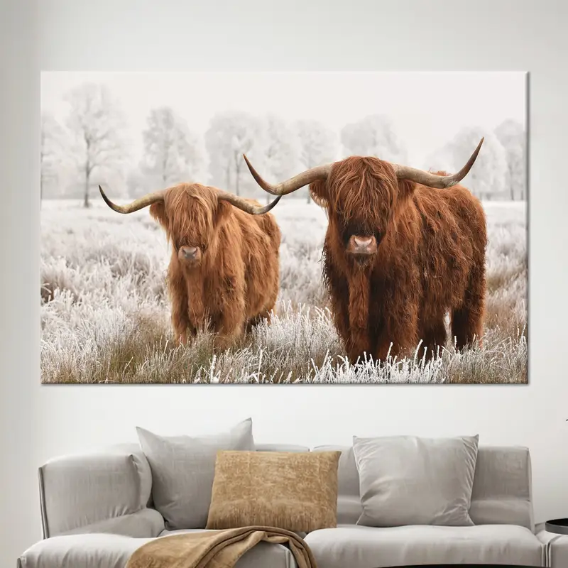Lienzo de granja escocesa Highland Cow: Impresión de arte de granja costera