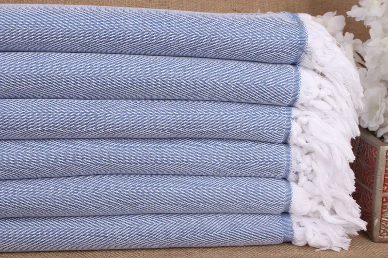 Handmade Beach Towel Blue Cotton Organic Cotton Herringbone, 40x71 Inches