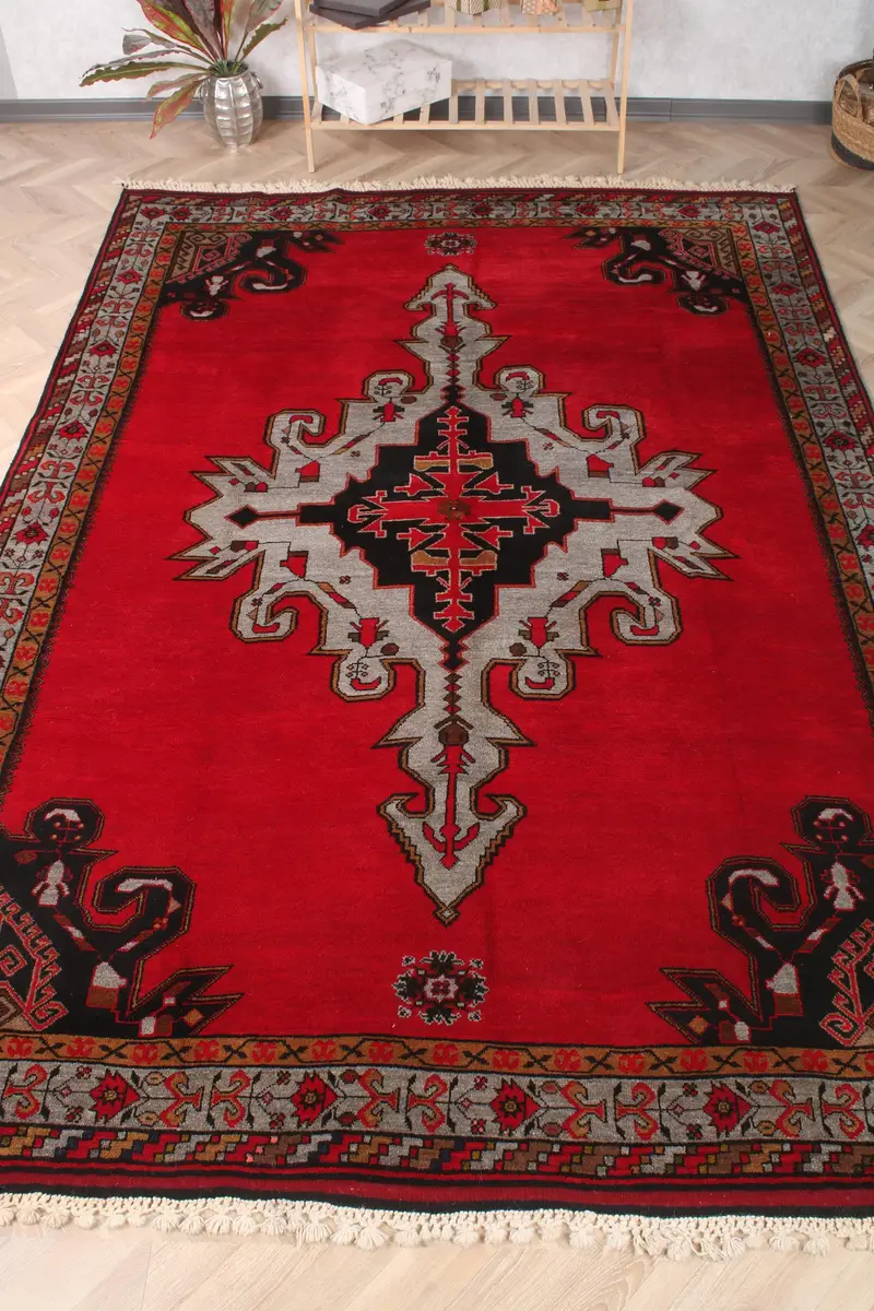 Vintage Halı, 7.1x10.3 ft Büyük Boy Türk Halısı, Oushak Kırmızı Siyah Geometrik Halı - 1