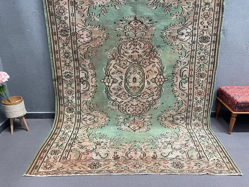 6.46x8.9 ft Vintage Rug, Turkish Large Rug, Green Brown Check Rug - 1