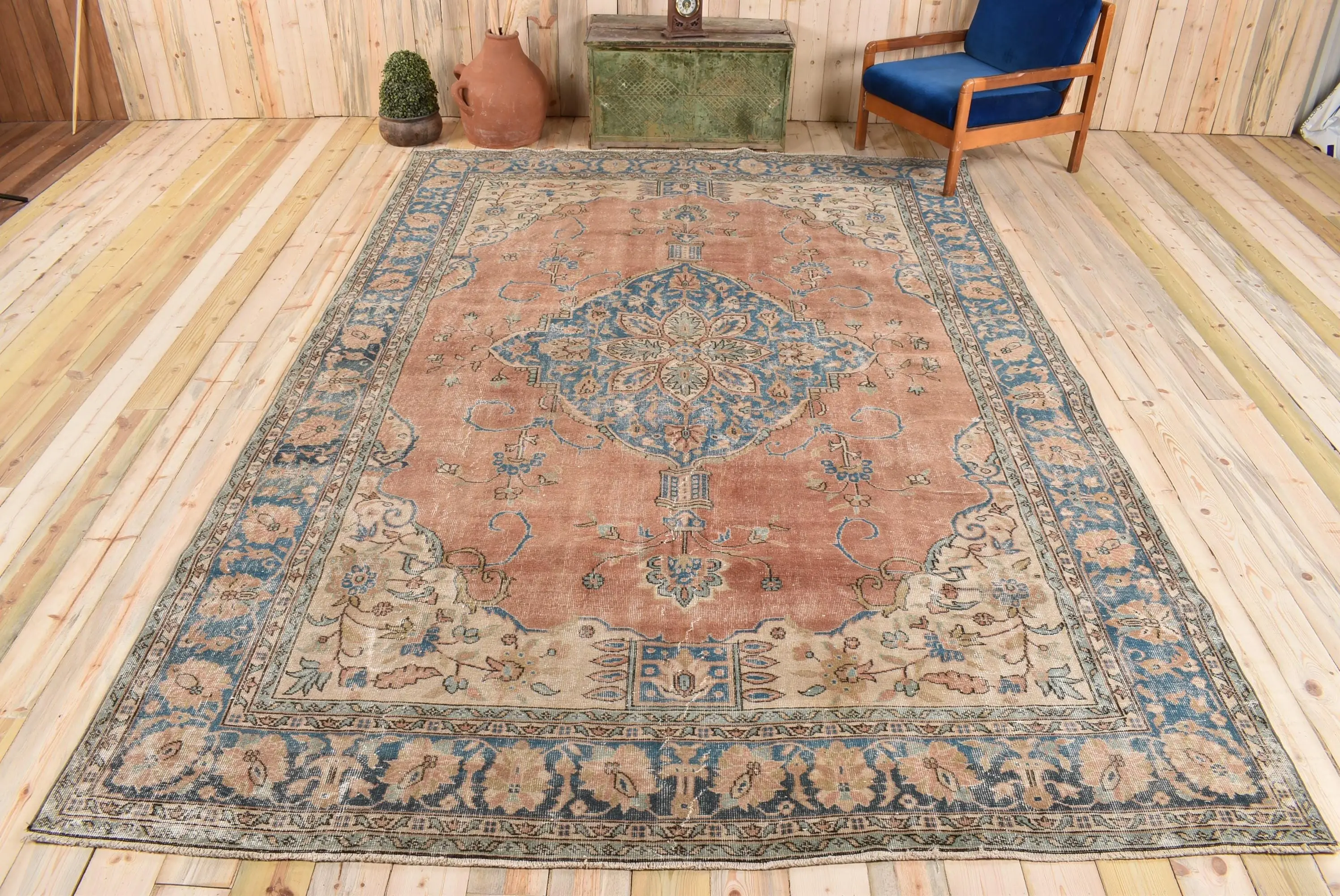 8.1x11.6 ft Turkish Rug, Blue Floral Vintage Wool Rug - 1