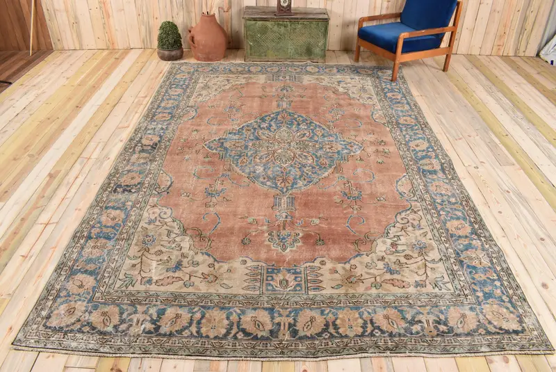 Turuncu ve Mavi Halı, 8,1x11,6 ft Geometrik Çiçek Desenli